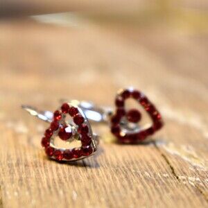 Vintage Cookie Lee Red Rhinestone Silver Plated Heart Earrings